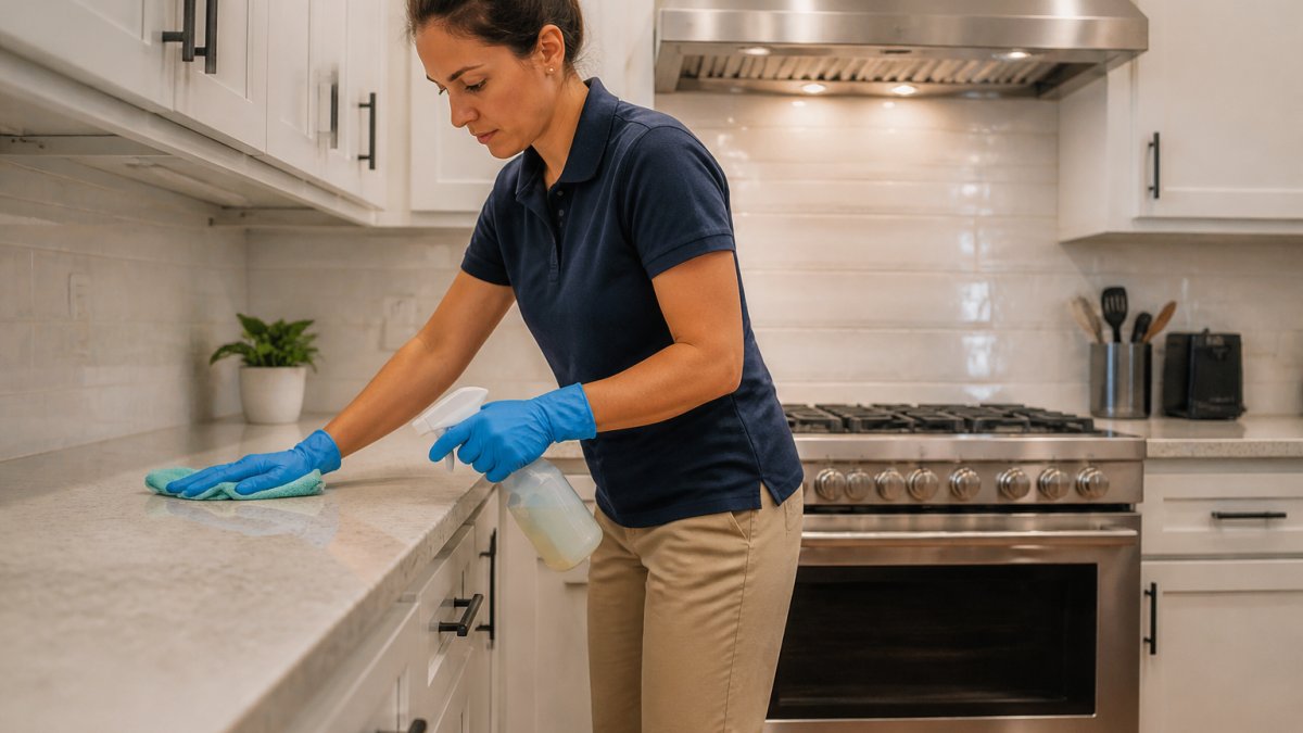 Professional cleaner using a microfiber cloth for deep house cleaning on kitchen countertops and cabinets.