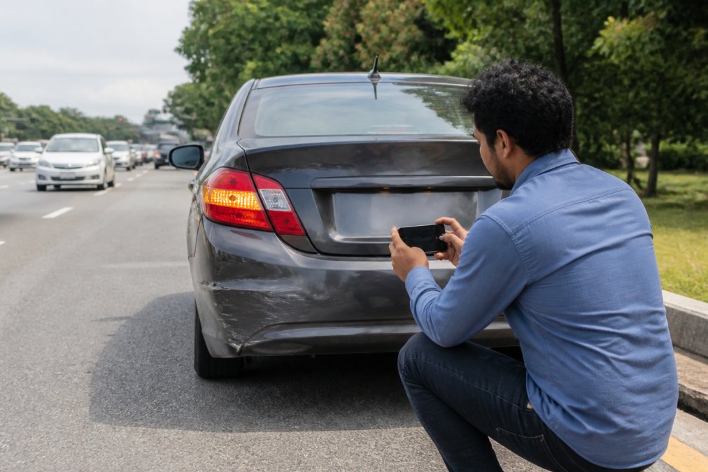 A driver standing beside a slightly damaged sedan on a roadside, holding a smartphone and photographing the dented rear bumper, with hazard lights visible and daylight traffic in the background