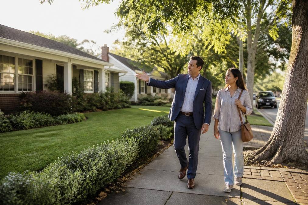 A real estate agent walking with a client along a tree-lined residential street in Burbank Rancho, pointing out architectural details of a ranch-style home, warm late-afternoon light