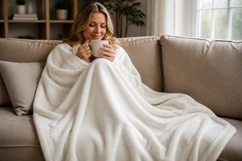Woman relaxing on a couch wrapped in a soft fleece blanket with printed message, holding a warm beverage, in a cozy home setting with soft natural lighting