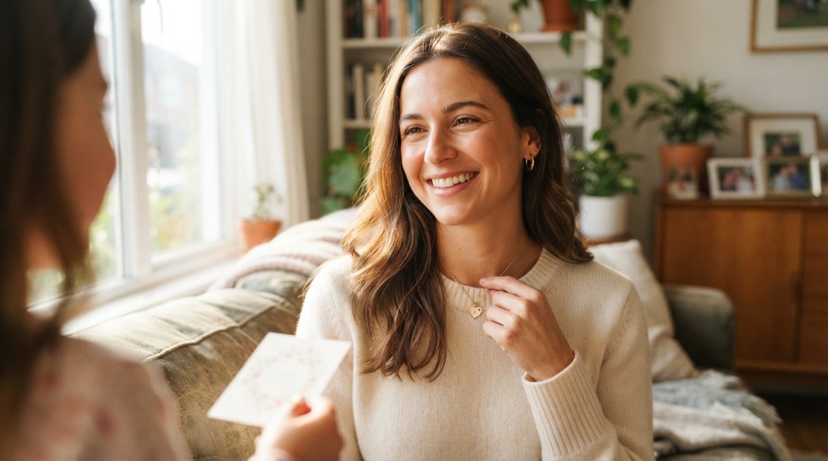 Woman wearing a delicate personalized heart necklace with crystal accents, smiling warmly in natural sunlight, soft blurred background of home interior