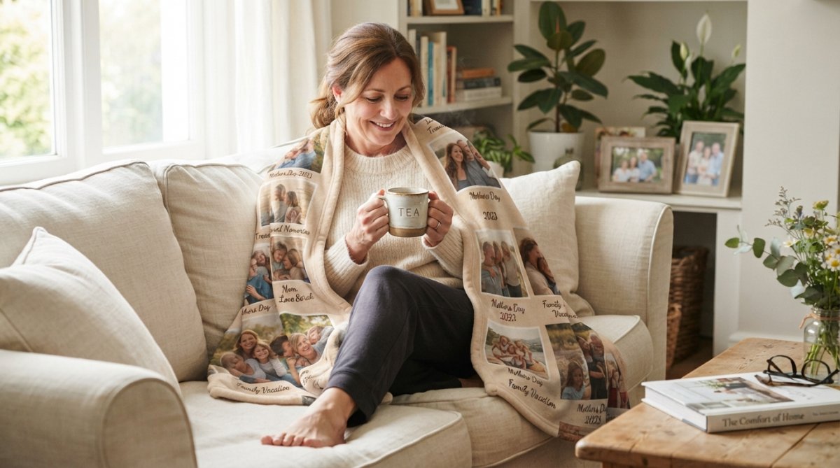 Woman relaxing on a cream-colored sofa wrapped in a cozy personalized fleece blanket, holding a warm mug of tea, peaceful home setting with soft natural window lighting
