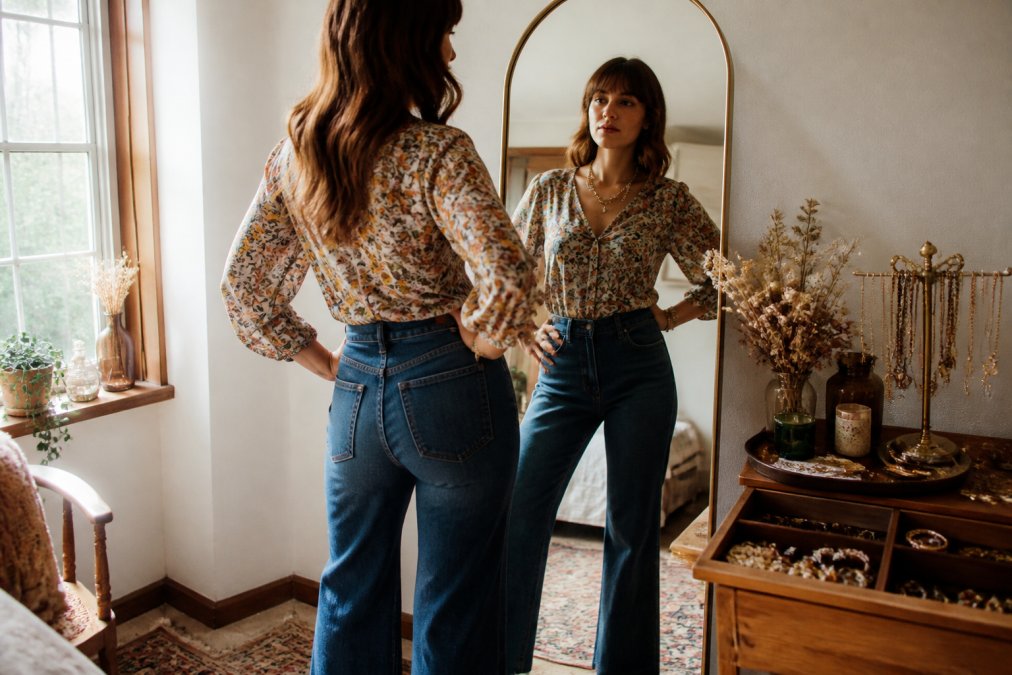 A stylish woman in a vintage-inspired outfit standing in front of a mirror, wearing high-waisted flare jeans and a floral blouse, with a curated jewelry collection displayed on a nearby vanity