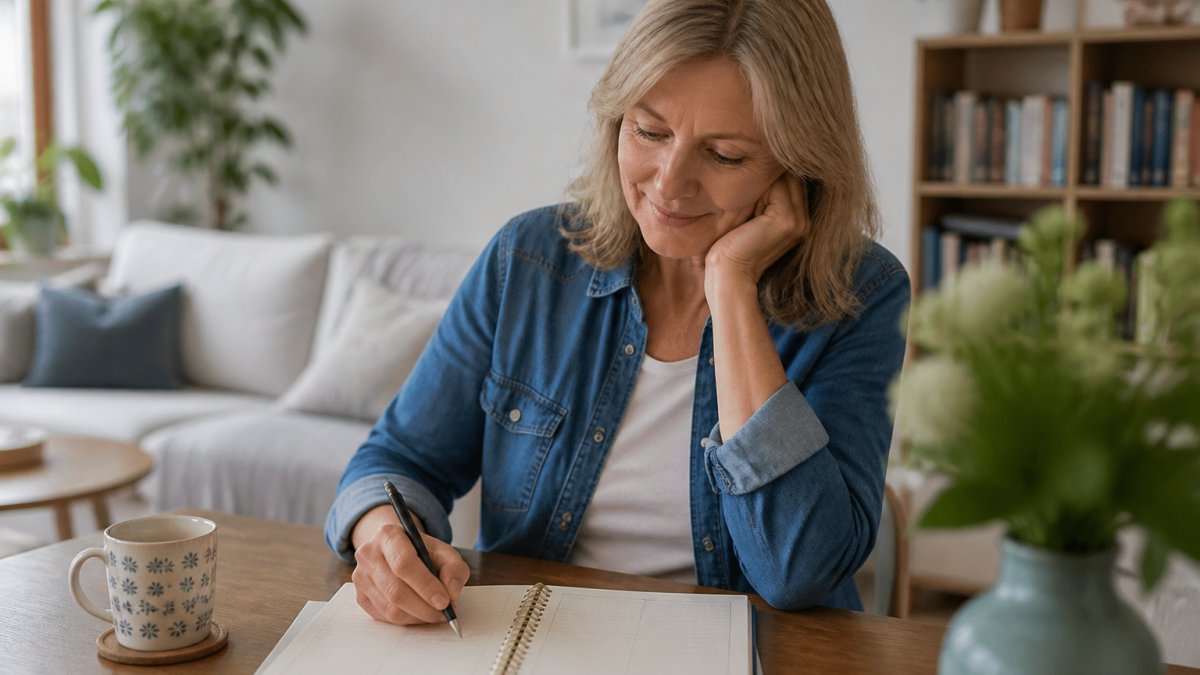 A middle-aged woman is sitting at a table with a notebook in which she plans her daily routine and breaks; a cup of tea sits next to it; the living room has a calm, bright atmosphere.