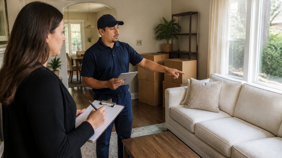 A professional mover holding a tablet in a furnished living room, pointing at a sofa while a homeowner takes notes, soft afternoon light through the window