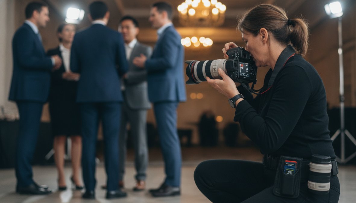 Professional photographer adjusting camera settings at a corporate gala with attendees networking in soft background lighting