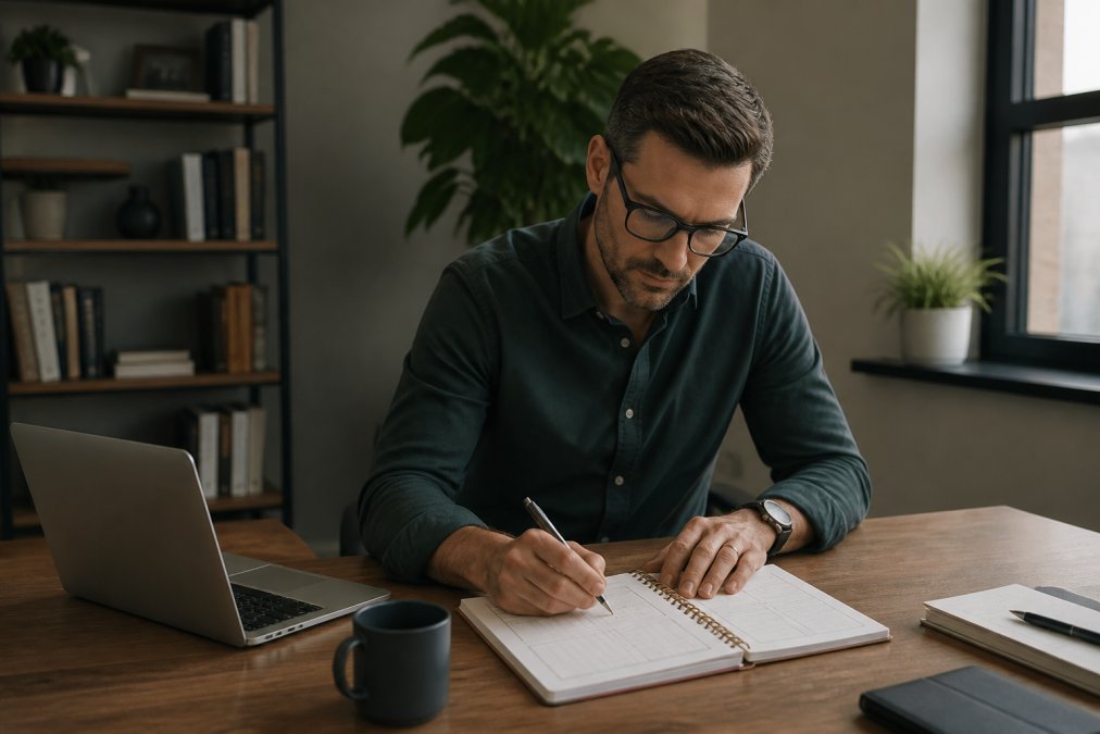 A manager sitting at a desk with a notebook and pen, reviewing a pre-conversation planner worksheet before a meeting, with a laptop and coffee cup nearby in a calm office setting