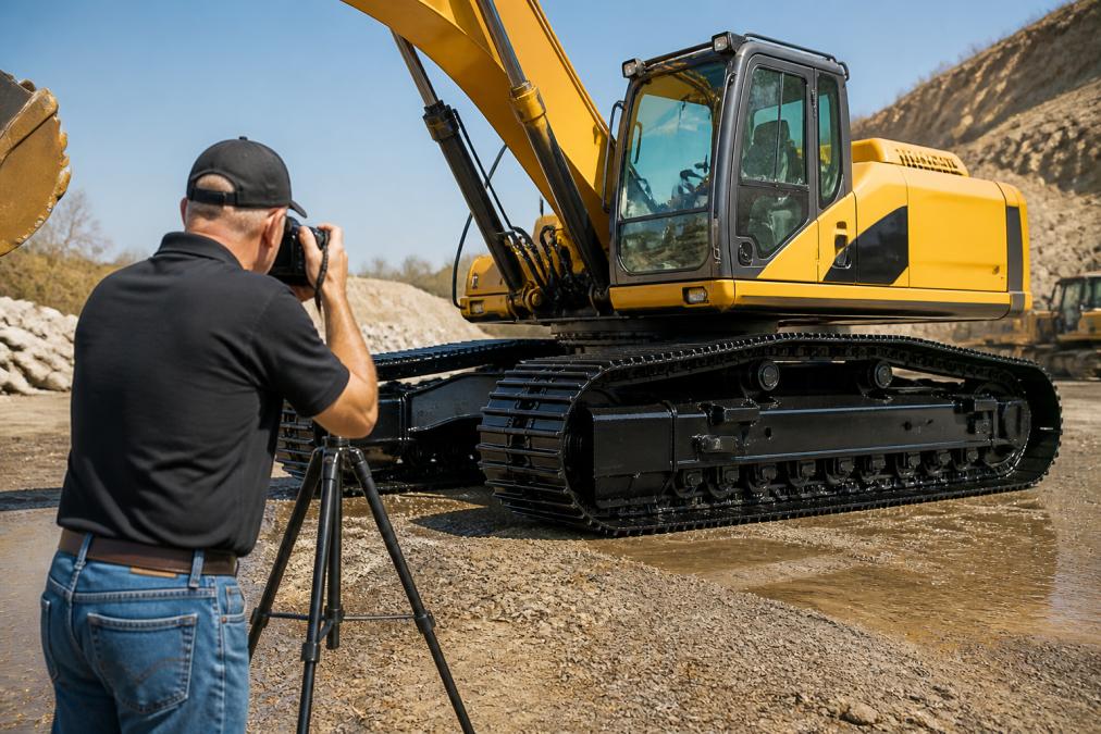 A professional photographer using a DSLR camera on a tripod to capture detailed shots of a clean excavator on a sunny job site, with the machine's undercarriage visibly freshly pressure-washed