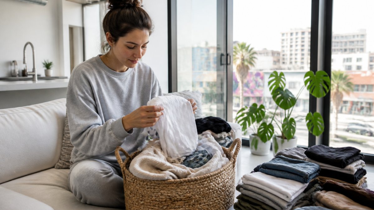 Person sorting laundry in a modern apartment while researching 5 top rated laundry services in Wynwood