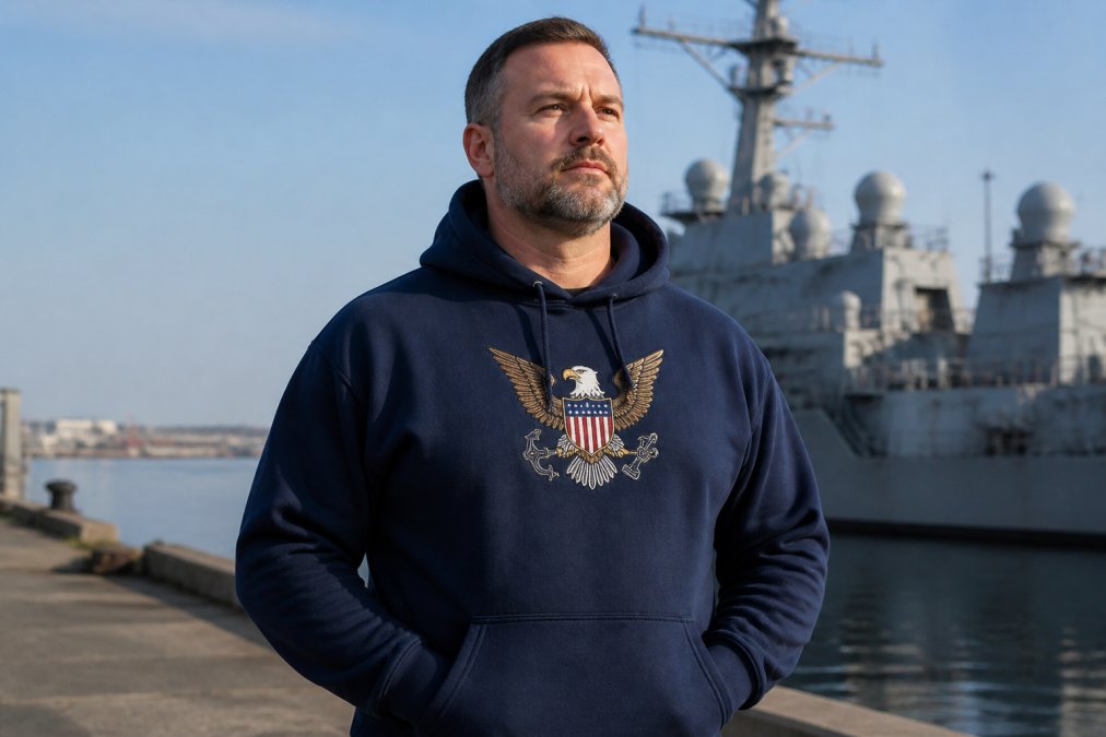 A veteran in his 40s wearing a navy blue hoodie with an embroidered eagle emblem on the chest, standing outdoors in soft daylight, looking forward with a calm, proud expression