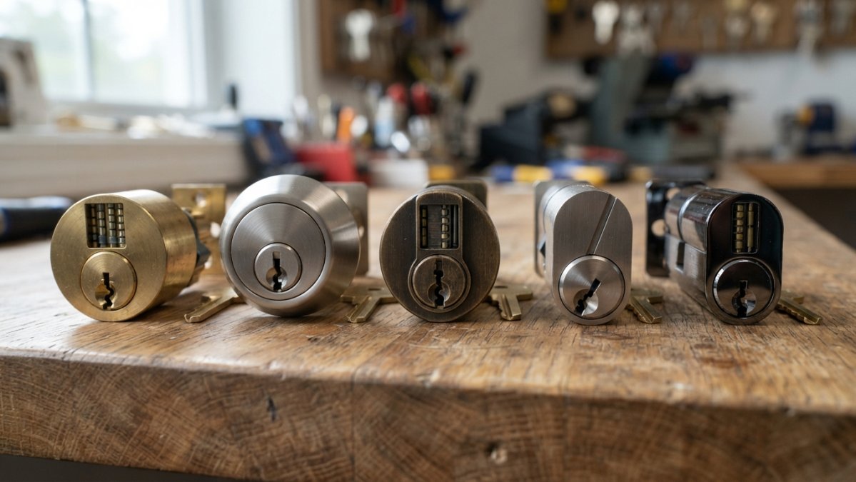 Close-up of five different door lock cylinders and deadbolts arranged on a wooden surface showing varying keyway designs, security pin configurations, and reinforced cylinder collars