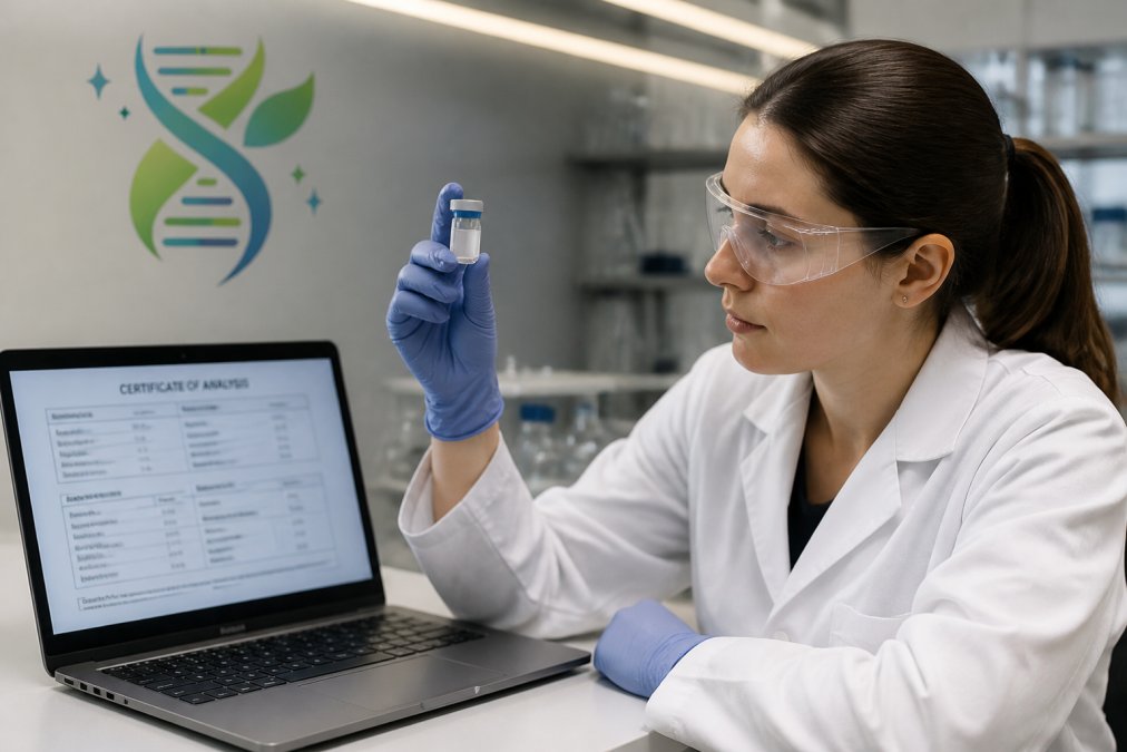 Researcher in a white coat reviewing a peptide vial and certificate of analysis from top peptide vendors