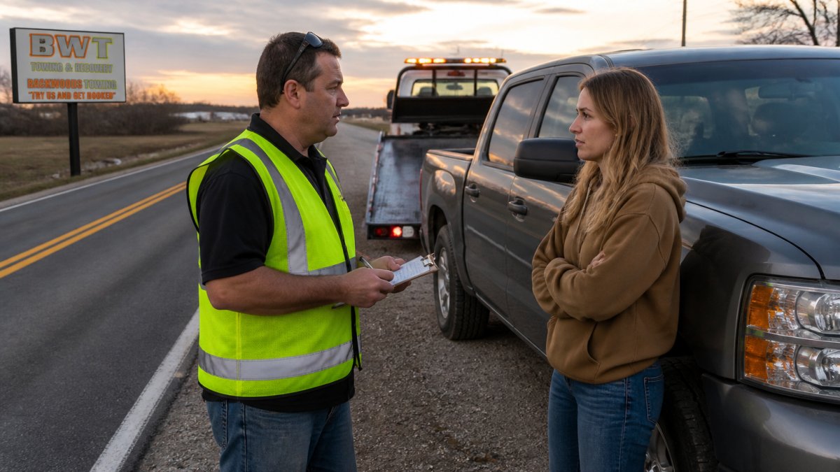 Tow truck driver in a safety vest helping a stranded driver with 24 hour towing services at dusk