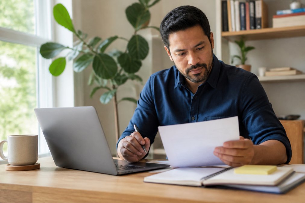 Small business owner reviewing incorporation documents for business structures at a sunlit home office desk