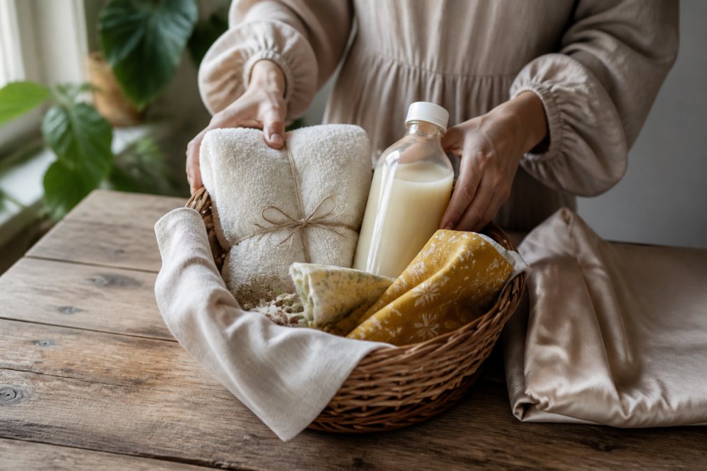 Hände packen ein nachhaltiges Geschenk in einen Korb: gefaltetes Baumwollhandtuch, Glasflasche Waschmittel, Bienenwachstücher und ein Seidenkissenbezug liegen auf einem Holztisch, natürliches Tageslicht von der Seite