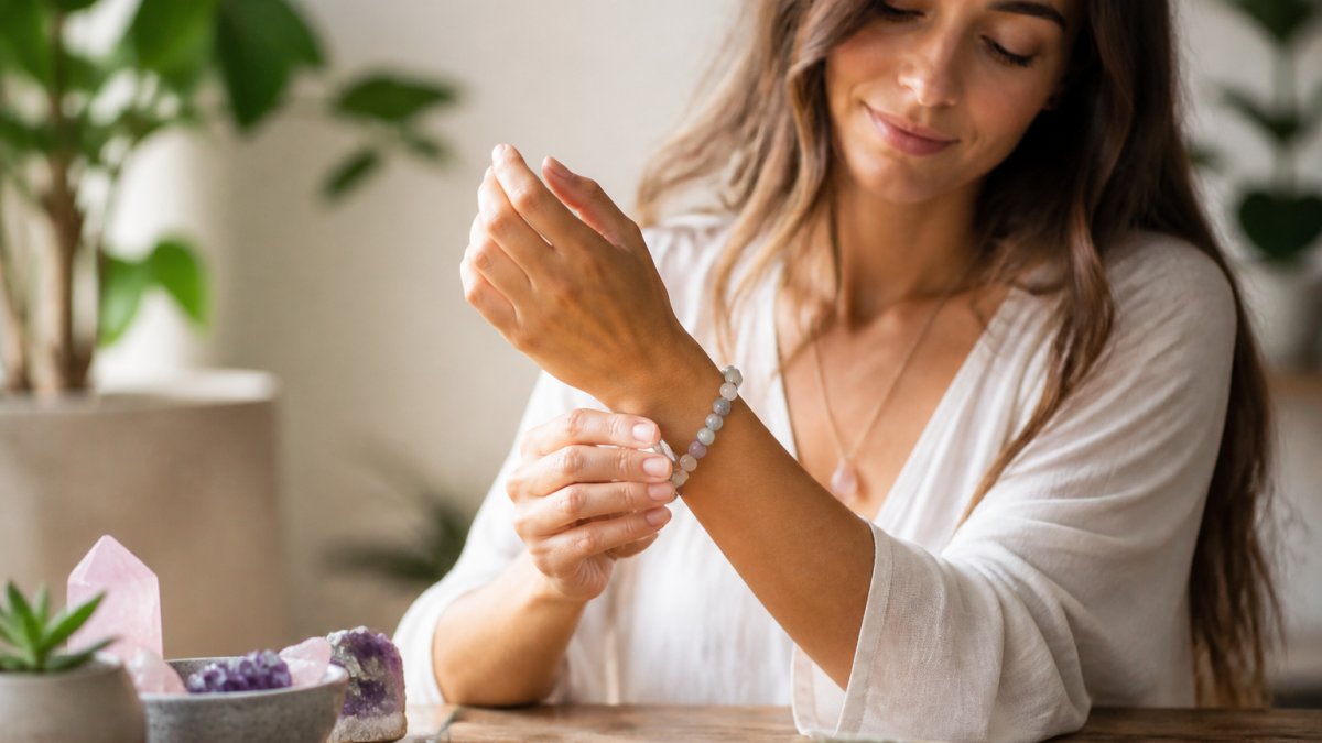 Iemand plaatst voorzichtig een spirituele armband om de pols in natuurlijk licht met een serene achtergrond