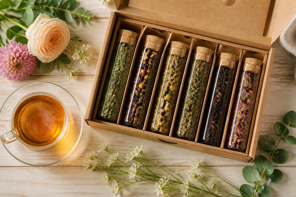 Overhead flat-lay of an opened tea bento box with six mini tea tubes arranged neatly, alongside a steaming cup of herbal tea and fresh flowers on a light wooden surface