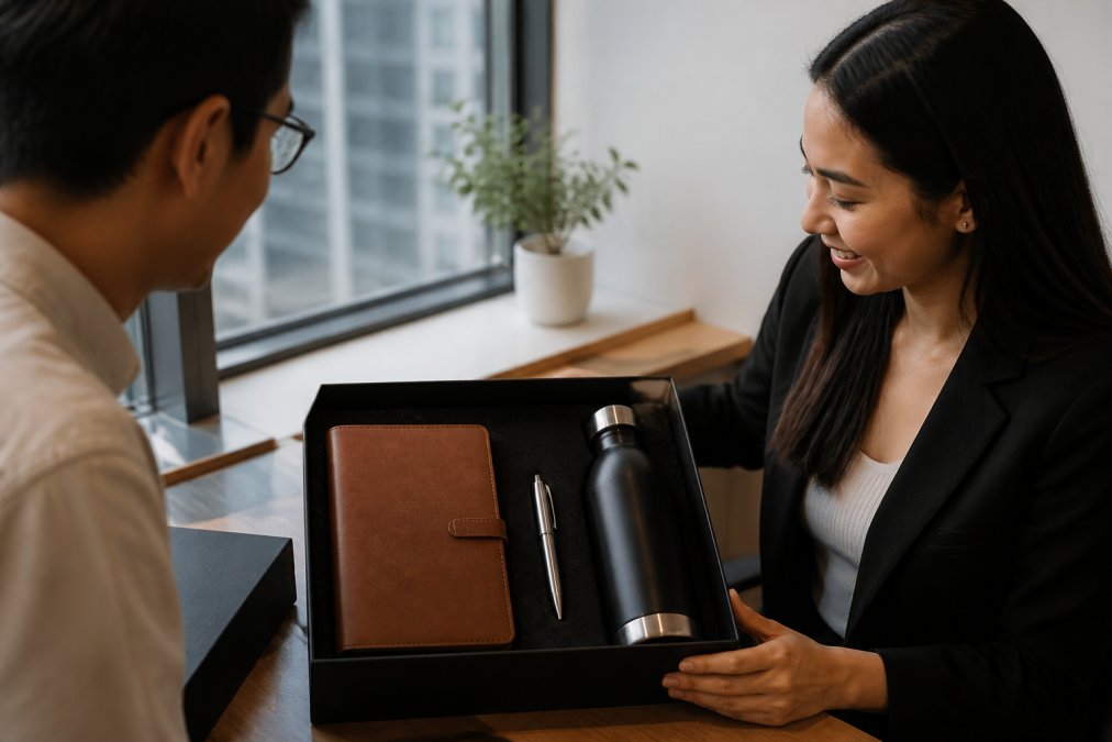 Flat-lay of a premium onboarding set featuring corporate gift ideas like a leather notebook, pen and steel bottle.