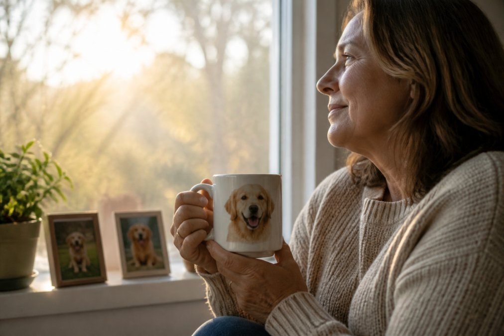 Close-up of hands holding a personalized pet photo mug featuring a dog's portrait and name, warm morning light streaming through a window, emotional moment of remembrance