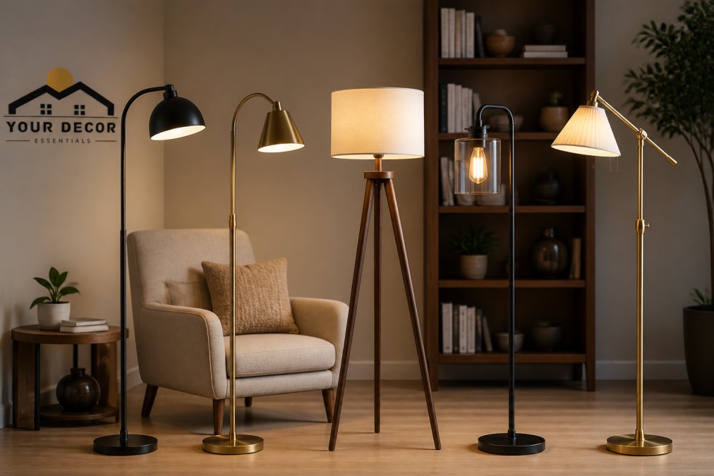 A cozy reading nook in a modern living room with a sleek floor lamp casting warm light over an armchair and side table with books