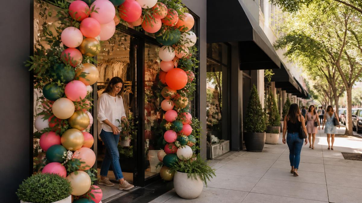 A retail storefront entrance decorated with a colorful balloon garland arch mixed with greenery, shoppers walking past on a sidewalk in soft afternoon light