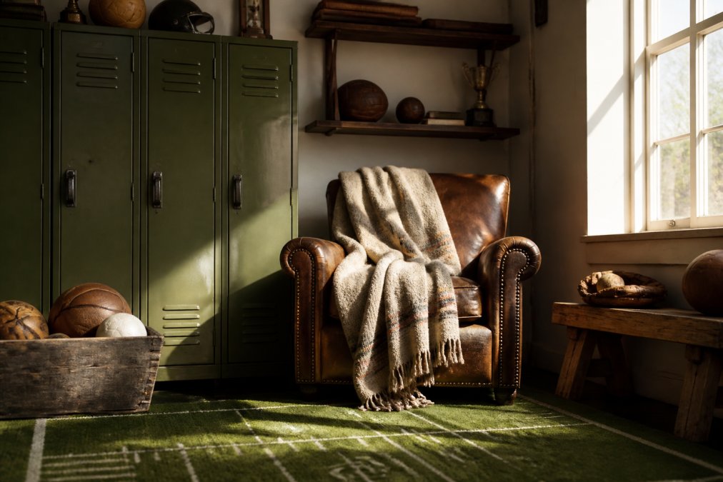 A cozy retro sports room corner with vintage olive-green metal lockers used for storage, a turf-style rug underfoot, and a plush throw blanket draped over a worn leather armchair, warm afternoon light through a window