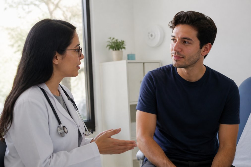 Profesional de la salud explicando información sobre vacunas para adultos a un paciente joven en un consultorio moderno