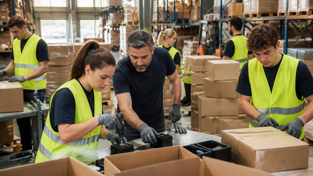 Team di operai qualificati al lavoro in un magazzino durante un picco di attività stagionale, con personale temporaneo che collabora con il team fisso per assemblaggio e controllo qualità in un ambiente dinamico