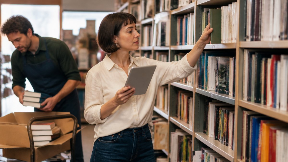 Libraia controlla il catalogo fornitori su tablet mentre un collega sistema i libri appena arrivati in negozio
