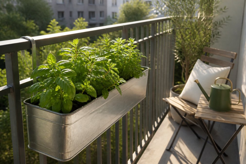 Railing planters with fresh herbs on a sunny balcony, showcasing creative vertical garden ideas for small urban spaces.
