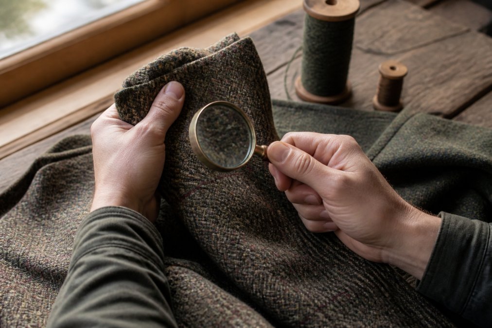 Step-by-step process for examining the weave and composition of vintage wool fabrics using a magnifying glass.