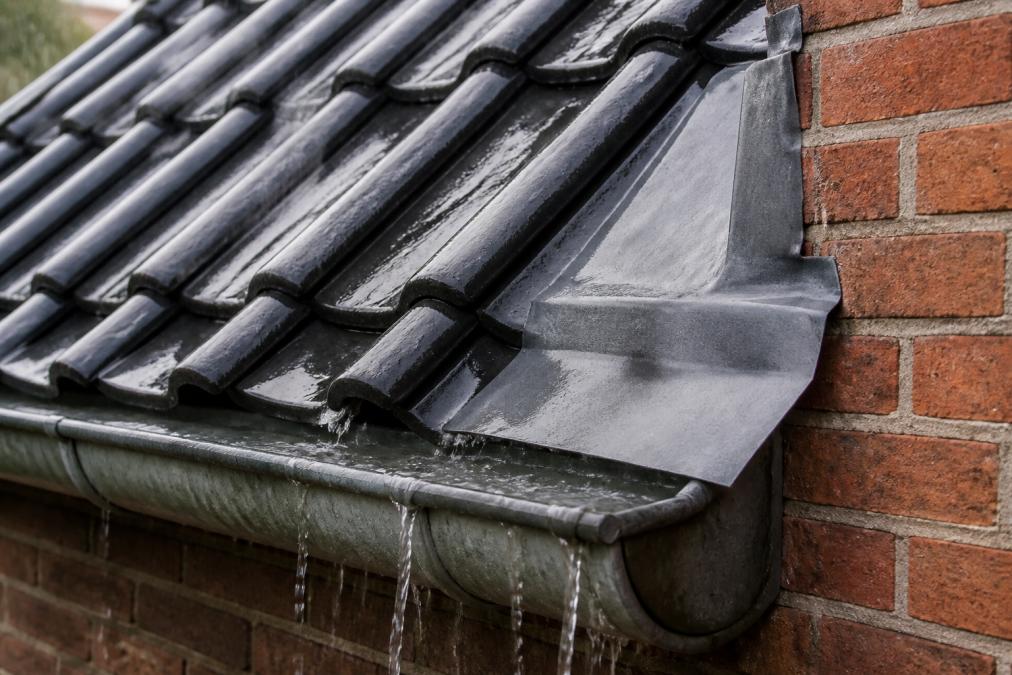 Dakdetail met correct aangebracht bladlood bij goot en dakpan, regenwater stroomt af zonder lekkage, helder daglicht