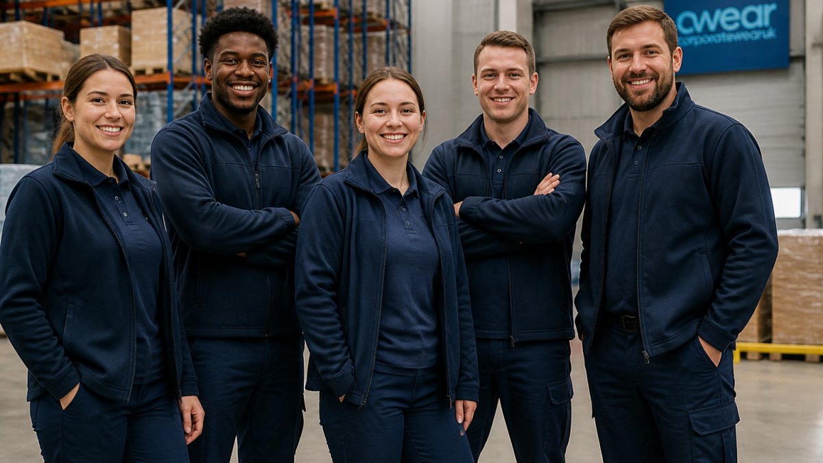 Professional team of warehouse and logistics staff wearing branded polo shirts and jackets with embroidered company logos, standing together in a warehouse setting with natural overhead lighting