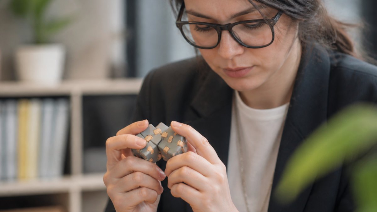 Hands interacting with a tactile sensory toy in a softly lit office environment to aid concentration