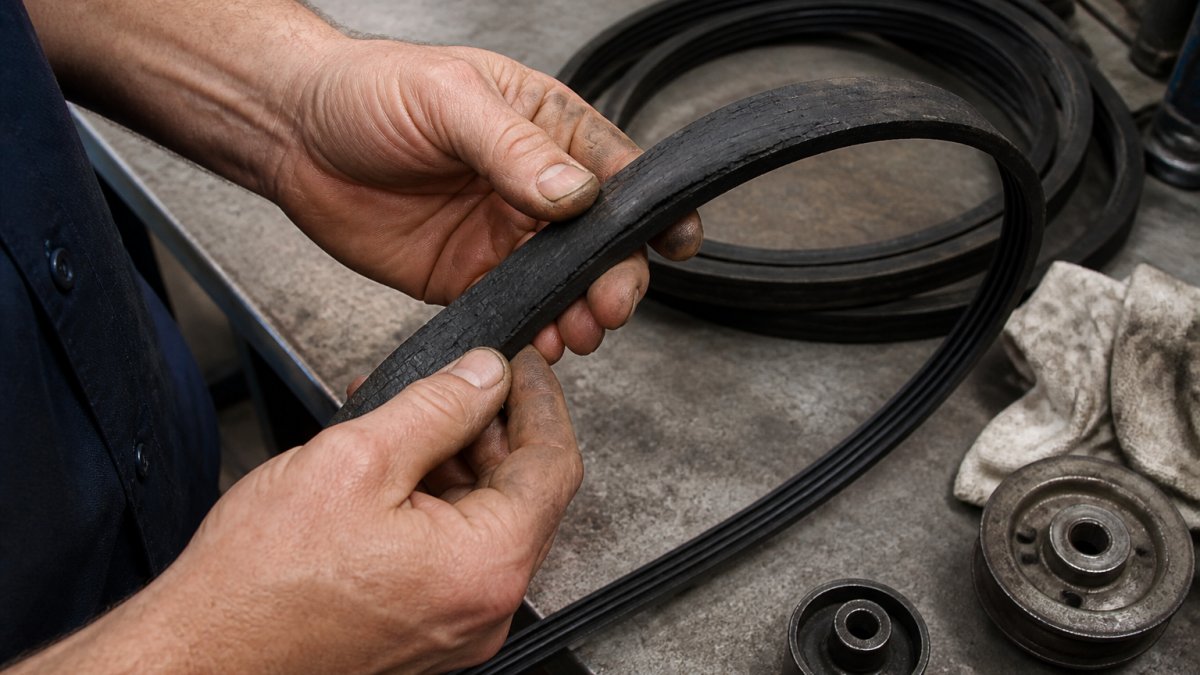 Technician inspecting a V-belt for oil contamination belt life, checking for surface swelling and rubber cracks.
