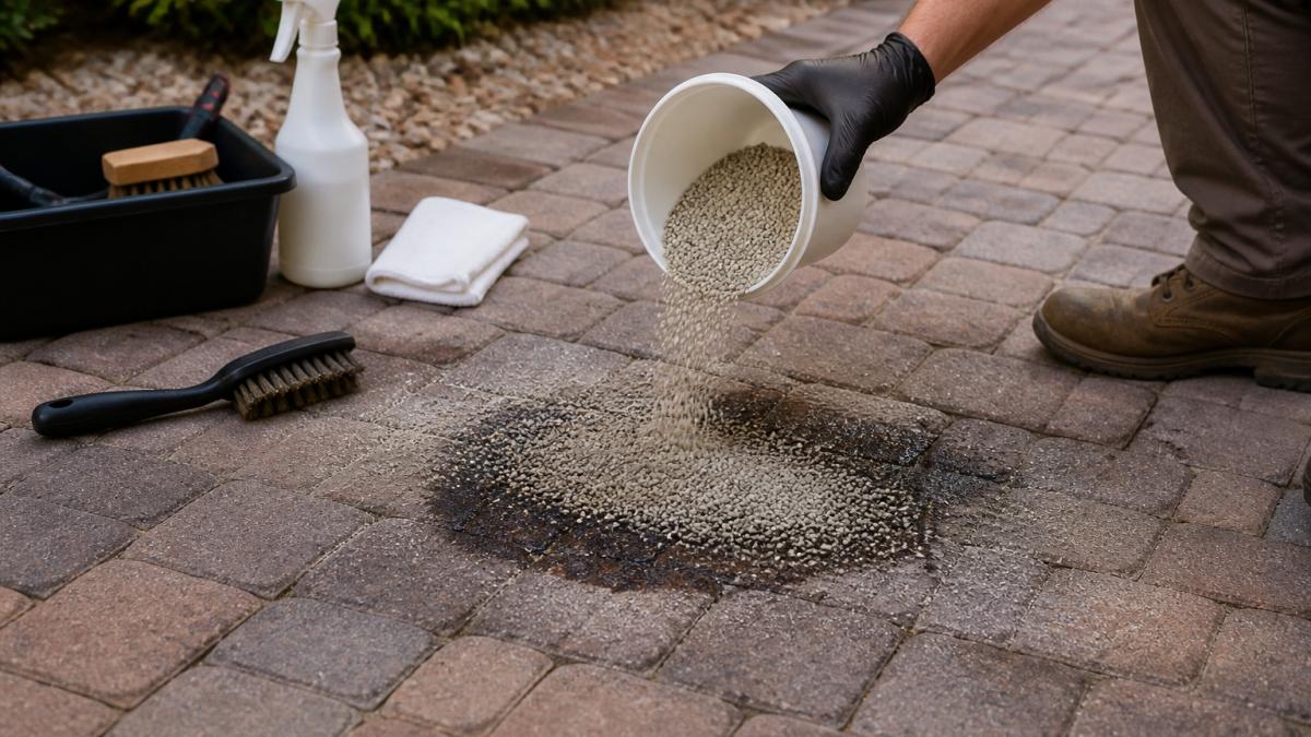 Close-up of someone pouring absorbent material like cat litter onto a fresh oil spill on a paver driveway, with natural daylight illuminating the wet stain