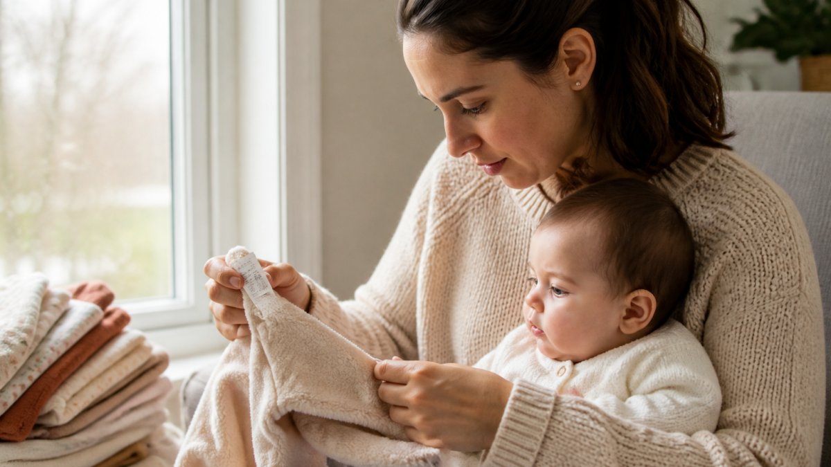 Parent holding an infant while carefully checking the fabric labels on a soft cotton baby outfit