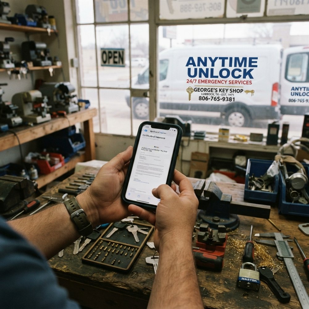 Person's hands holding a smartphone displaying an insurance certificate document, with a professional locksmith service vehicle visible through a window in the background