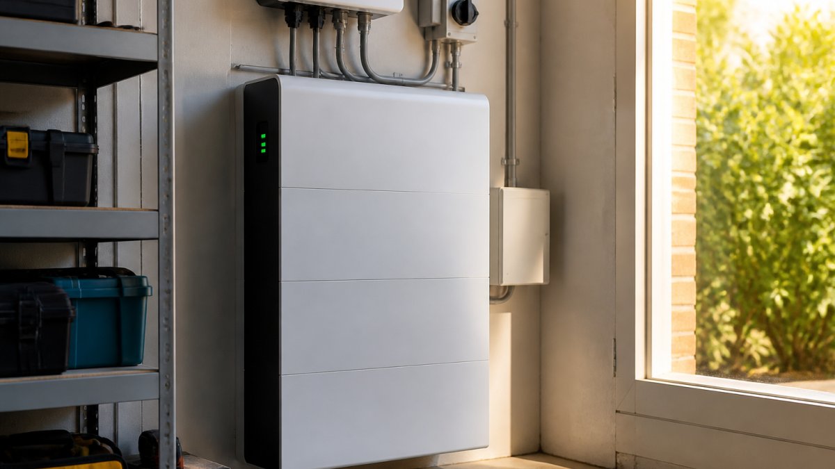 Home battery storage unit with glowing indicators helping manage solar export regulations in a garage.