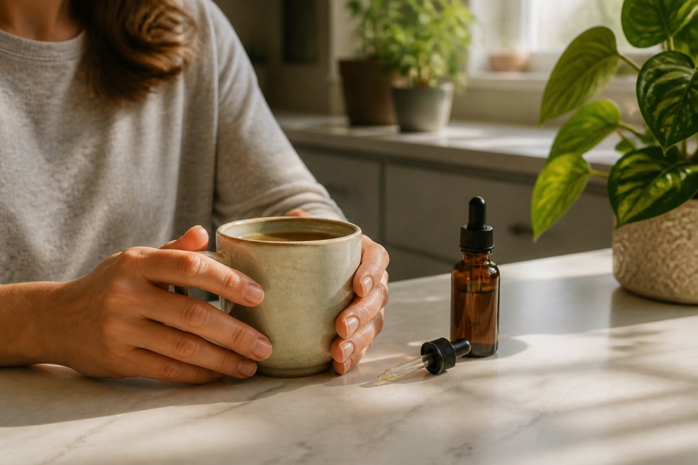A person's hands holding a warm ceramic mug of coffee on a kitchen counter, with a small amber glass CBD tincture bottle and dropper beside it, soft morning light streaming through a window