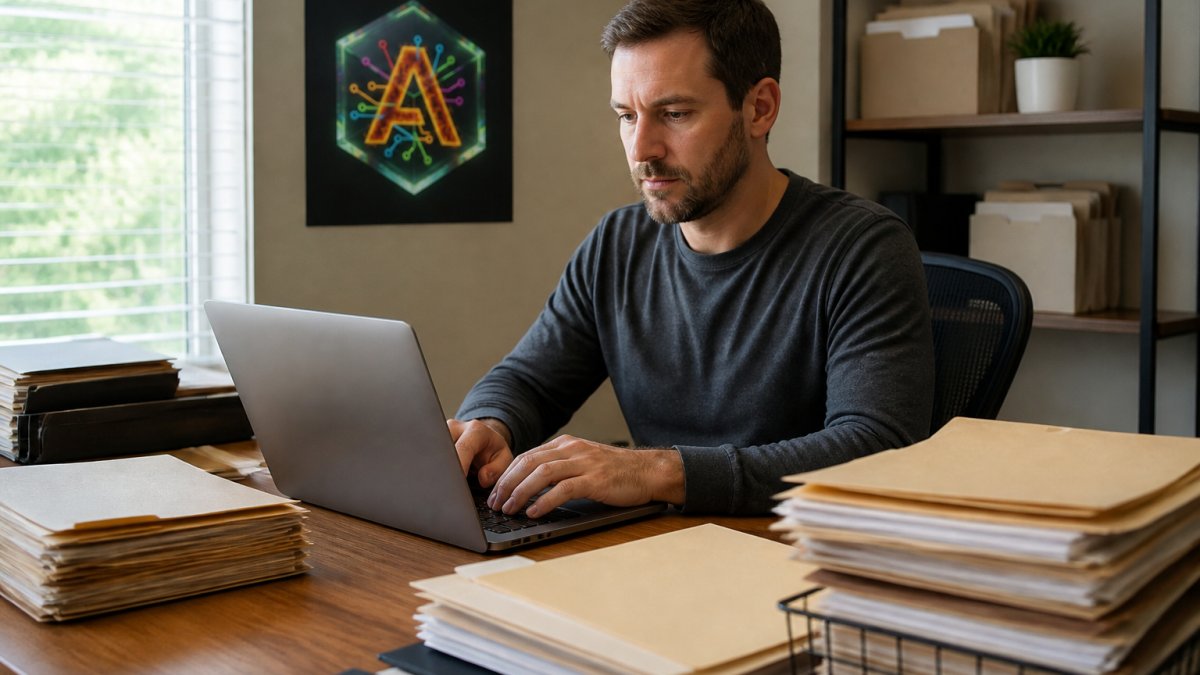 Person using a keyboard to automate windows tasks locally while organizing multiple desktop file folders
