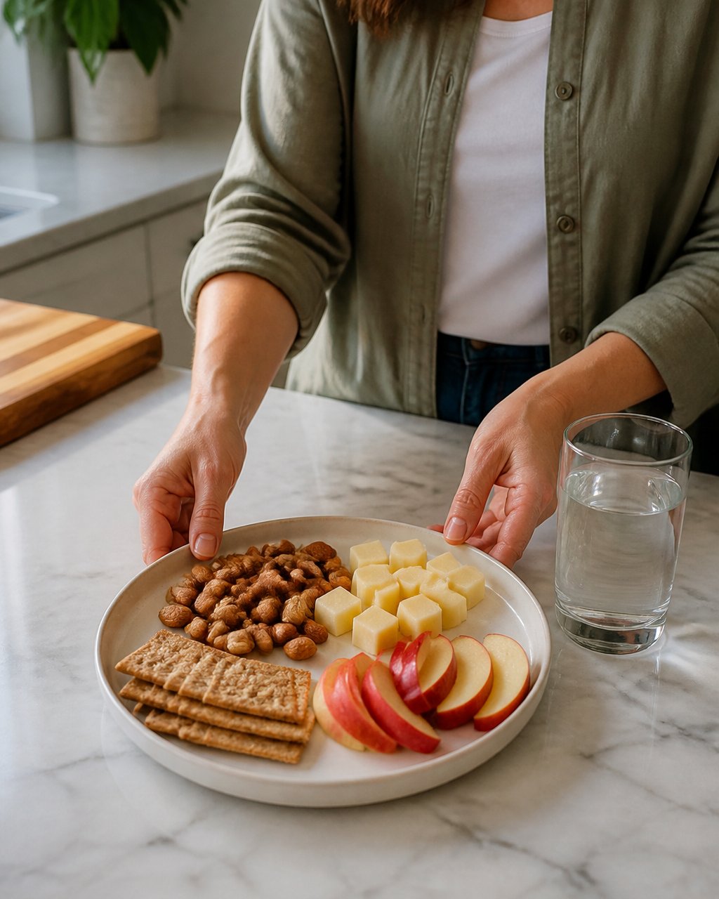A person arranging a balanced snack plate with nuts, cheese cubes, apple slices, and whole-grain crackers on a kitchen counter, with a glass of water nearby