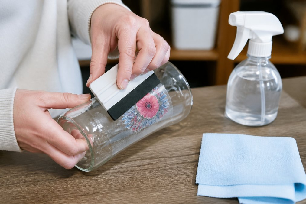 Close-up of hands using a squeegee to apply a UV DTF transfer onto a glass bottle, with a spray bottle of isopropyl alcohol and a lint-free cloth on a clean workspace