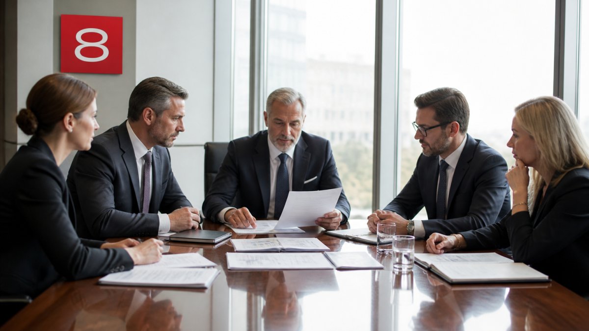 Senior executives in business attire seated around a polished conference table reviewing compliance documents and governance frameworks, natural light from large windows illuminating the modern boardroom