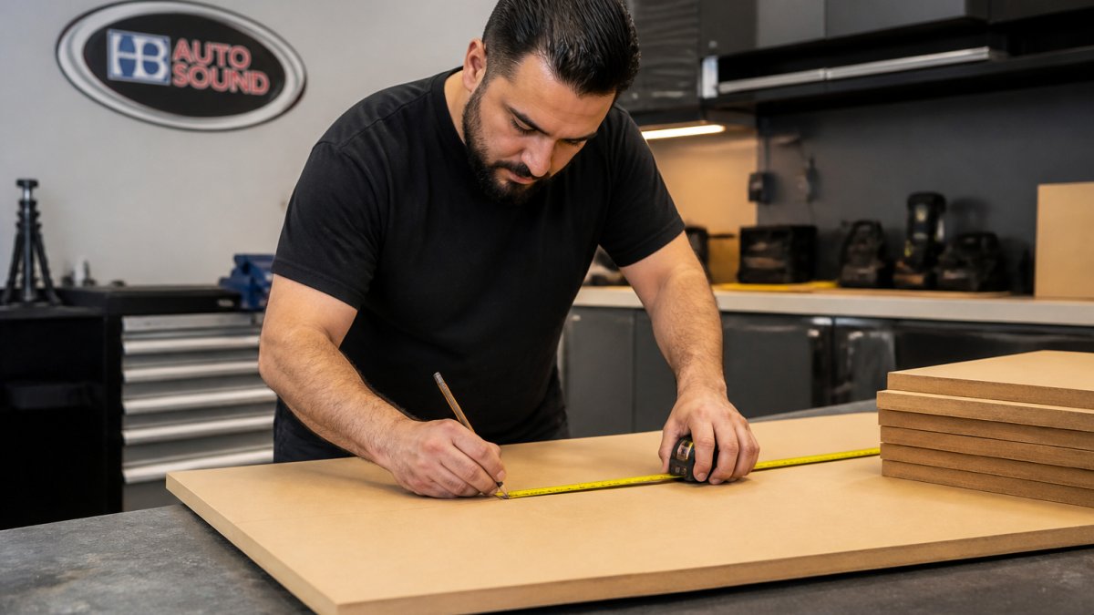 Technician using precision tools to mark MDF panels for a custom subwoofer enclosure in a workshop