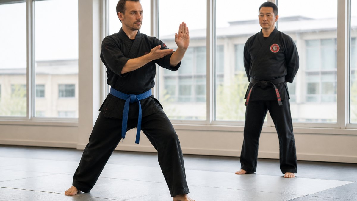 An adult student practicing a slow Wing Chun form in a bright martial arts studio, holding a stable stance with focused posture, instructor observing in the background