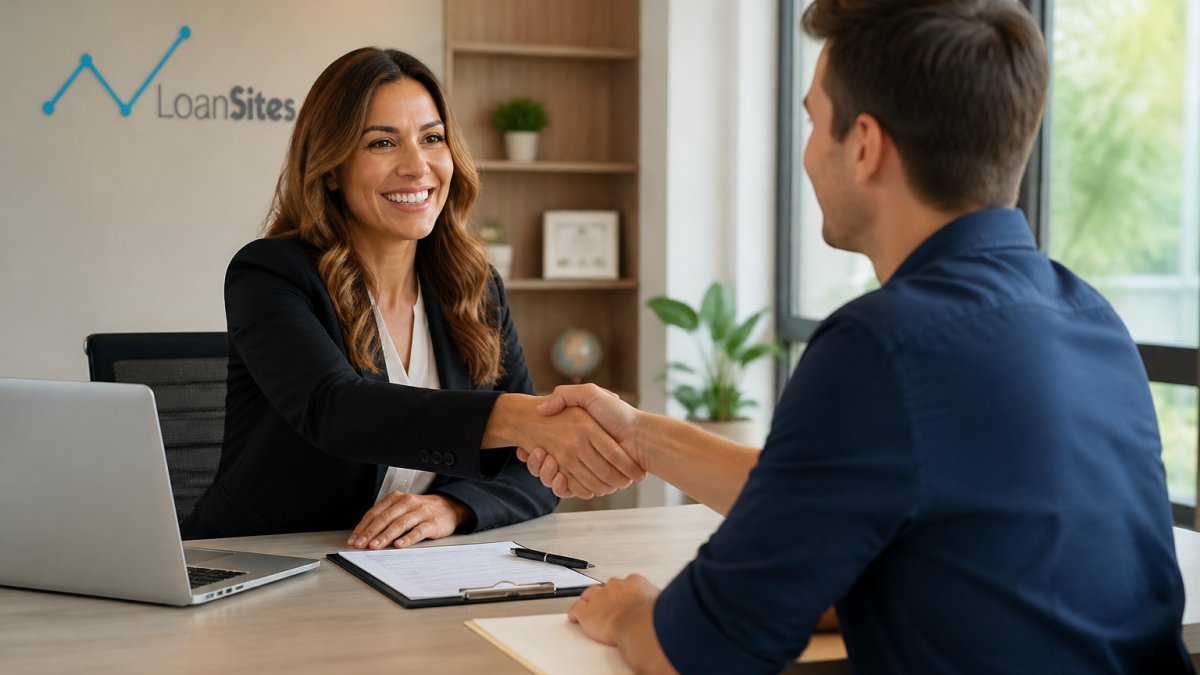 Loan officer shaking hands with a client to build trust during a meeting in a bright professional office