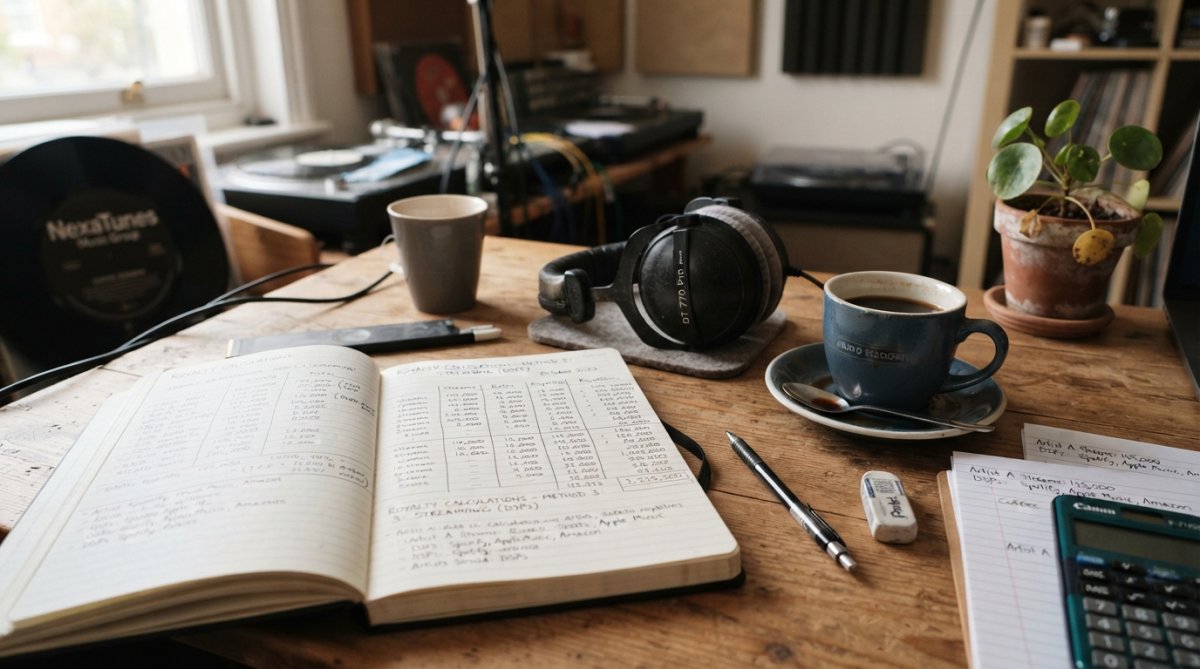 Music producer reviewing streaming analytics on a laptop screen with headphones and coffee on desk, natural window lighting