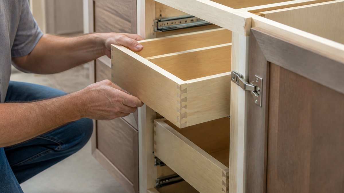 Close-up of professional hands inspecting interior of cabinet showing solid wood frame, plywood box construction, and quality dovetail joinery on drawer boxes in bright natural light