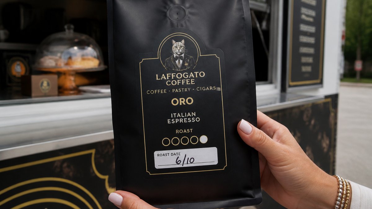 Close-up of hands holding a specialty coffee bag with clearly visible roast date printed on the front label, showing the date marking in natural daylight